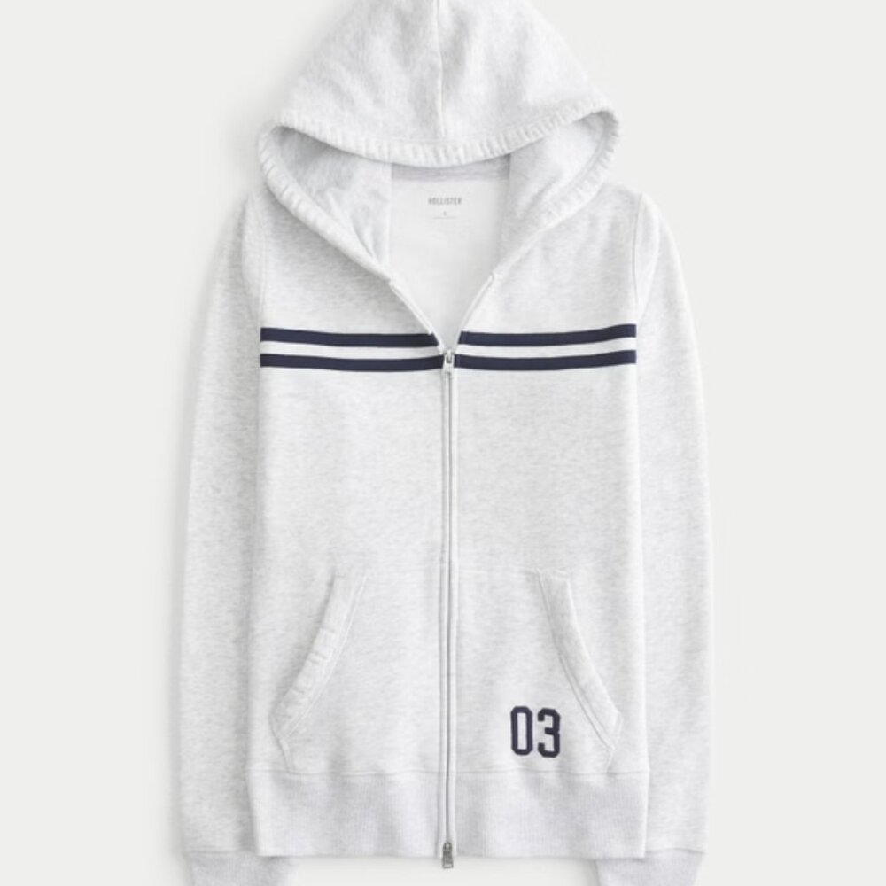 Hollister Slim Striped Zip-Up Hoodie | Light Grey | XXL